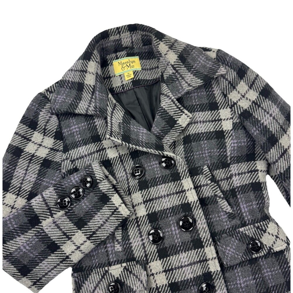 Maralyn & Me Y2K Plaid Peacoat Jacket Women M Gray Black Wool Blend Retro 2000s